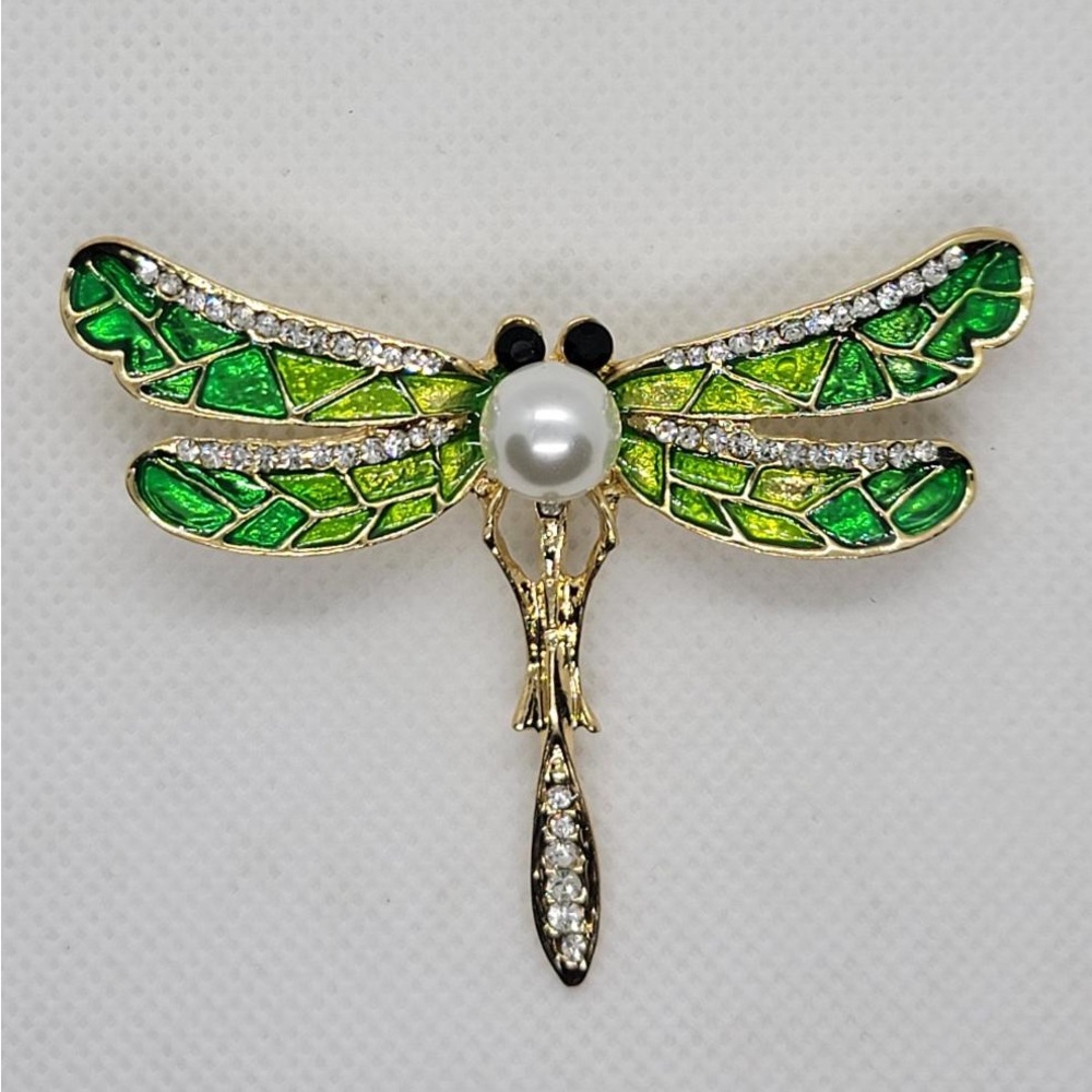 Gold Dragonfly Brooch with Green Wings